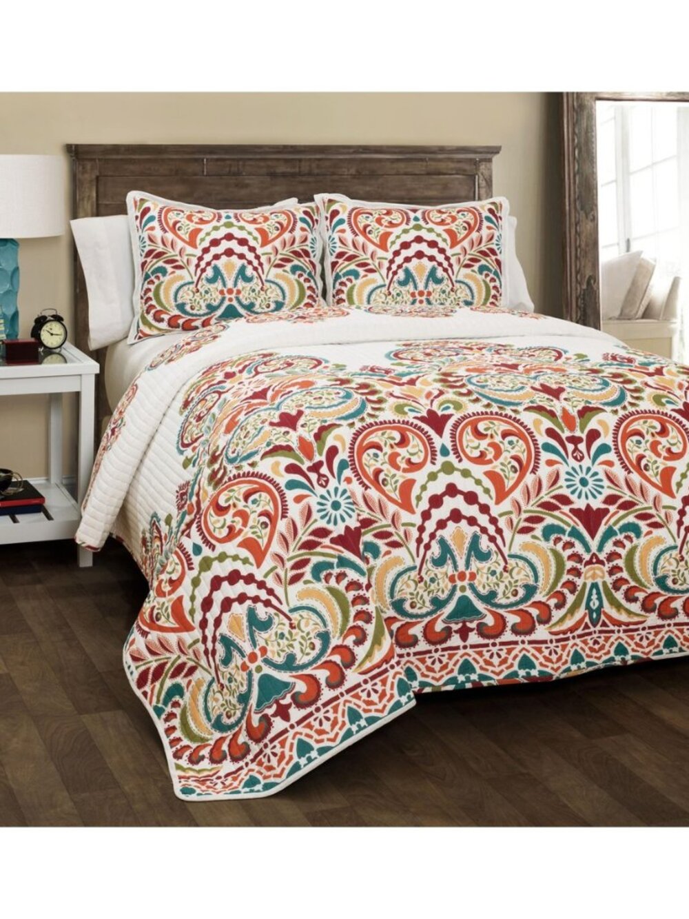 Clara Quilt 3 Piece Reversible Bedding Set, Full/Queen, Turquiose & Tangerine